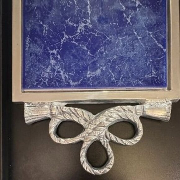 Vtg Lamosa Mexican Serving‎ Tray Blue Marble Pewter Ornate Handles Handmade - Picture 2 of 12